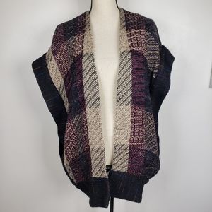 Vtg Nikos Handwoven Tan, Purple & Navy Open Front Statement Sweater Cardigan